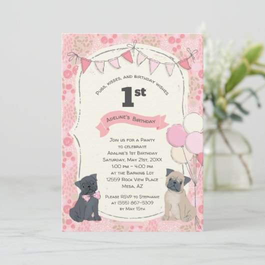 パグ&キスズ子犬写真誕生日 招待状 (スタンド正面)