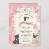 パグ&キスズ子犬写真誕生日 招待状 (正面/裏面)