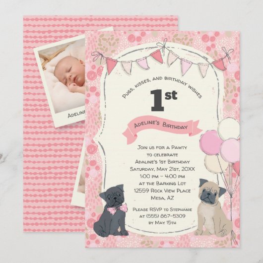 パグ&キスズ子犬写真誕生日 招待状 (正面/裏面)