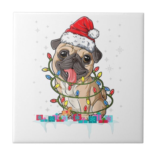 パグ クリスマスツリー ライト サンタ 犬 Xmas ギフト 男の子 タイル (正面)