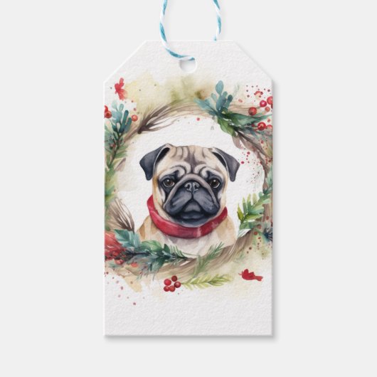 パグ クリスマスリース 楽しい仔犬 ギフトタグ (正面)