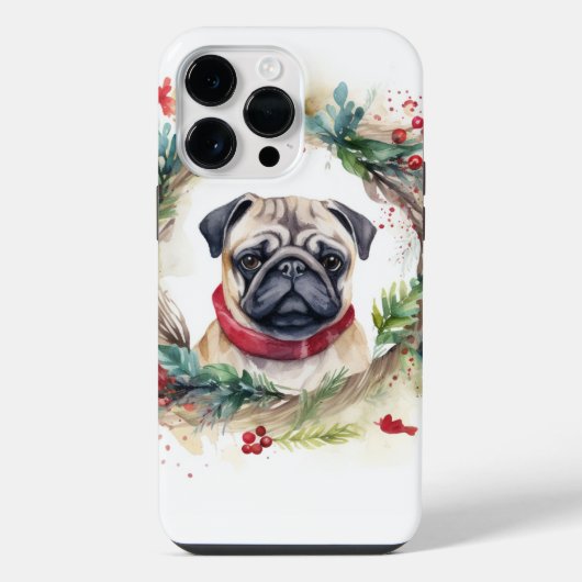 パグ クリスマスリース 祝祭の子犬 iPhoneケース (裏面)