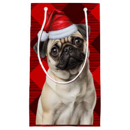 パグ サンタ 犬 ホリデー 赤 バッファロー チェック クリスマス スモールペーパーバッグ