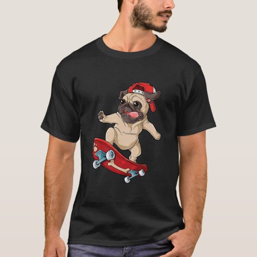 パグ スケートボード Tシャツ 犬 子犬 面白い スケーター スケート (正面)