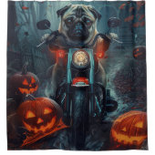 パグ バイクに乗る ハロウィン 怖い シャワーカーテン (正面)