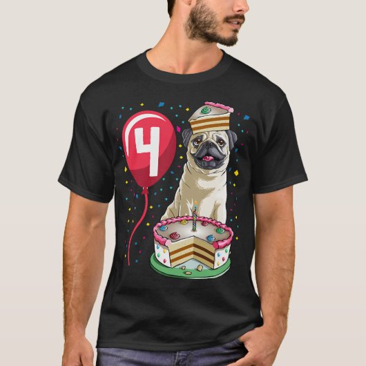 パグ 誕生日 ケーキ 風船 4 Tシャツ (正面)