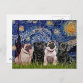 パグ (4匹, 2B, 2F) - 星月夜 ポストカード (正面/裏面)