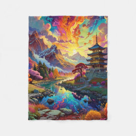 パゴダと着色風景 フリースブランケット