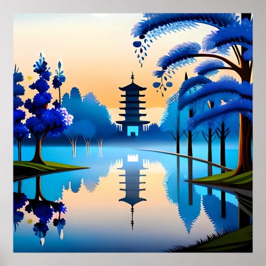 パゴダ絵を描ーの日本建物の日の出は青っぽい ポスター (正面)