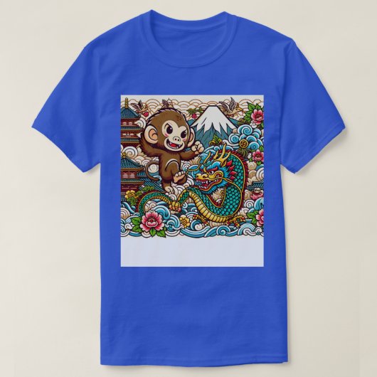 パゴダ・ウェーブFと日本のかわいいサルとドラゴン Tシャツ (デザイン正面)