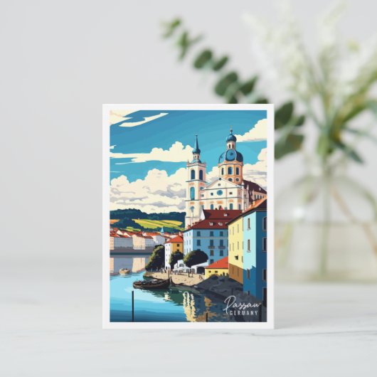 パサウドイツヴィンテージ旅行イラストレーション ポストカード (スタンド正面)