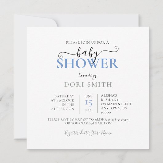 パシファイア付きベビーシャワー、ブルー&ホワイトケーキ 招待状 (裏面)