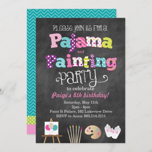 パジャマおよび絵画の黒板のスタイルの招待状 招待状 (正面/裏面)