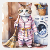 パジャマで愛らしい猫が洗濯をするおもしろい スクエアシール (正面)