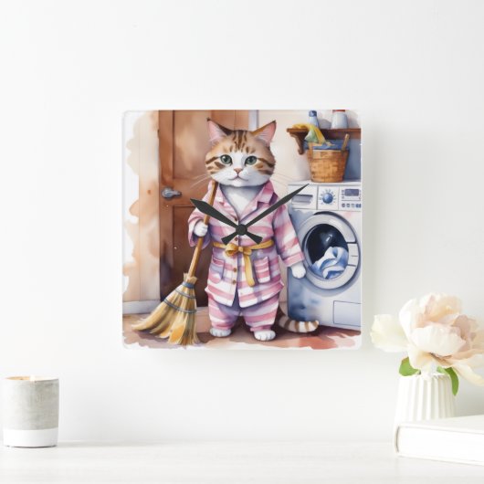 パジャマで愛らしい猫が洗濯をするおもしろい スクエア壁時計 (ホーム)