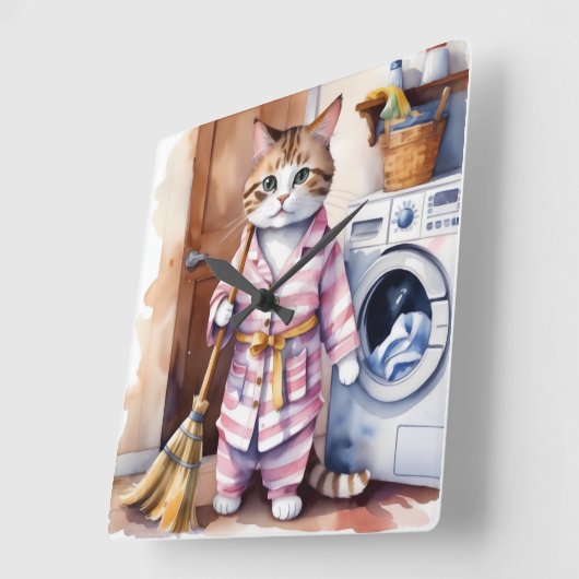 パジャマで愛らしい猫が洗濯をするおもしろい スクエア壁時計 (傾斜)