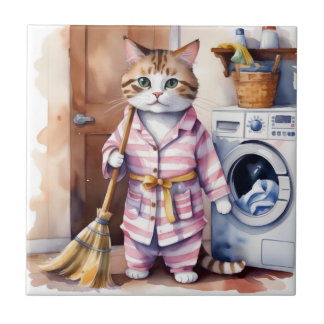 パジャマで愛らしい猫が洗濯をするおもしろい タイル