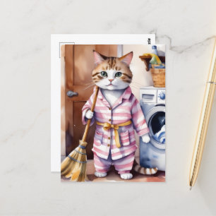 パジャマで愛らしい猫が洗濯をするおもしろい ポストカード