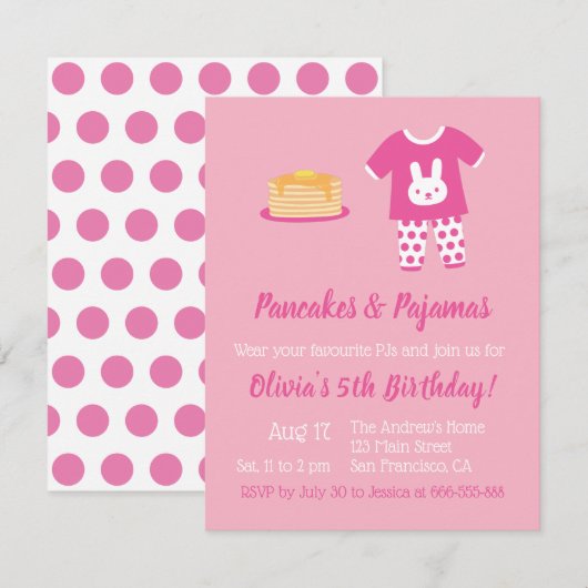 パジャマとパンケーキの水玉ドット誕生日パーティー 招待状 (正面/裏面)