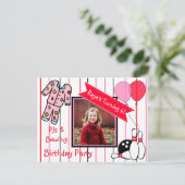 パジャマとボーリングガールズ誕生日パーティー招待状 ポストカード (スタンド正面)