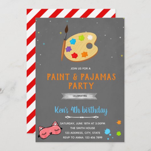 パジャマと絵画の誕生日招待状 招待状 (正面/裏面)