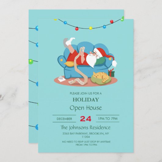 パジャマのソファのサンタクロース 招待状 (正面/裏面)