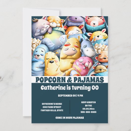 パジャマのポップコーンの漫画の動物は眠っている 招待状 (正面)