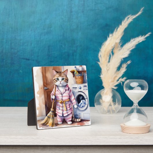 パジャマを着たかわいい猫が洗濯をしているのが面白い フォトプラーク (インサイチュ)