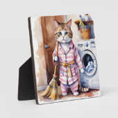 パジャマを着たかわいい猫が洗濯をしているのが面白い フォトプラーク (正面)