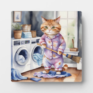 パジャマを着たかわいい猫が洗濯をしている フォトプラーク