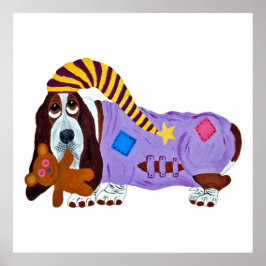 パジャマを着たテディベアを持つバセットハウンド ポスター