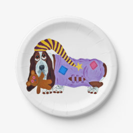 パジャマを着たテディベア付きのバセットハウンド ペーパープレート
