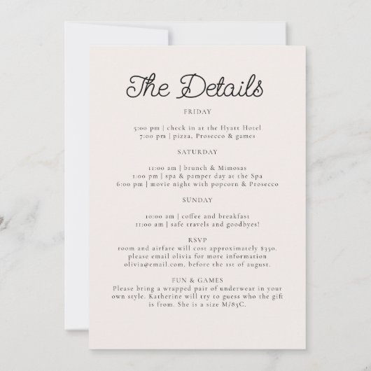 パジャマスプロセッコワイルドフラワーバチェロレッテの旅程 招待状 (裏面)