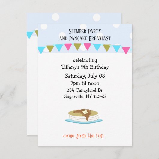 パジャマパーティーとパンケーキ朝食 招待状 (正面/裏面)