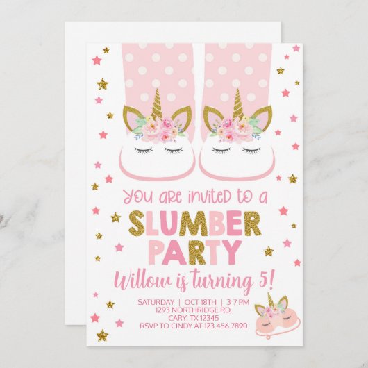 パジャマパーティーの女の子の誕生日招待状。 招待状 (正面/裏面)
