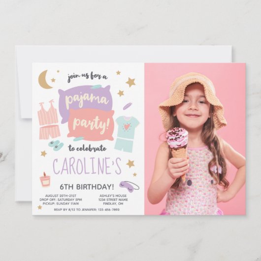 パジャマパーティーガールズエイジフォトバースデーパーティー 招待状 (正面)