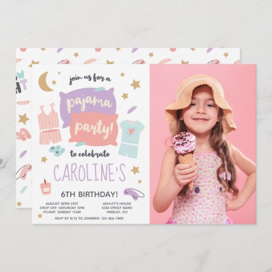 パジャマパーティーガールズエイジフォトバースデーパーティー 招待状 (正面/裏面)