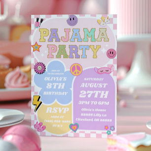 パジャマパーティー名門私立校風のバーシティパッチ誕生日パーティー 招待状