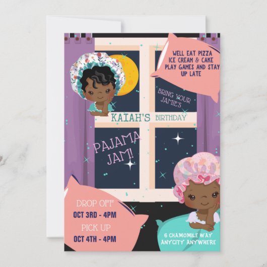 パジャマパーティー誕生日招待状カード (正面)
