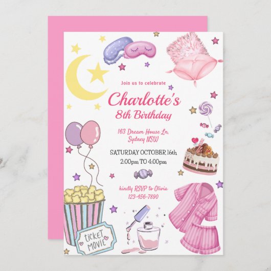 パジャマパーティー誕生日招待状 招待状 (正面/裏面)