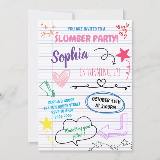 パジャマパーティー 誕生日 女の子 ティーン ツイーン キッズ 招待状 (正面)