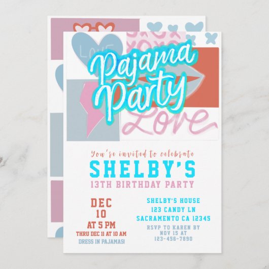 パジャマ名門私立校風のパーティーガールズ誕生日 招待状 (正面/裏面)