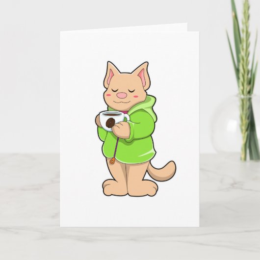 パジャマ姿の猫とコーヒーカップ カード (正面)