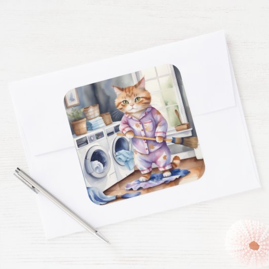 パジャマ笑わされるスのかわいい猫が洗濯 スクエアシール (封筒)