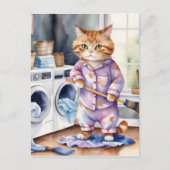 パジャマ笑わされるスのかわいい猫が洗濯 ポストカード (正面)