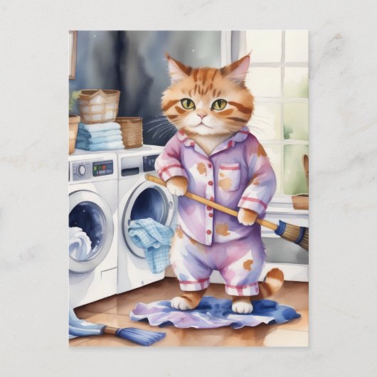 パジャマ笑わされるスのかわいい猫が洗濯 ポストカード (正面)