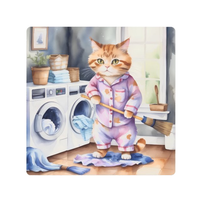 パジャマ笑わされるスのかわいい猫が洗濯 メタルプリント (正面)