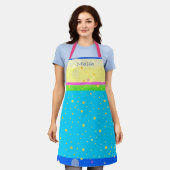 パスお洒落テルアクア、ピンク、黄色、青緑 エプロン (着用した状態)