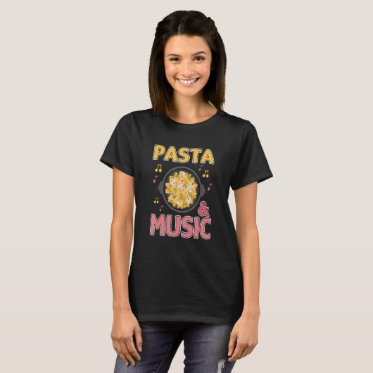 パスタと音楽ノートイタリアンフードシェフスパゲッティ Tシャツ (正面フル)
