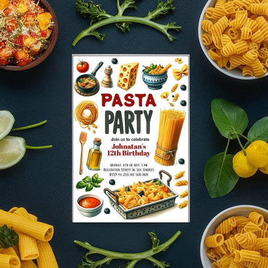 パスタの水彩画 誕生日パーティー 招待状